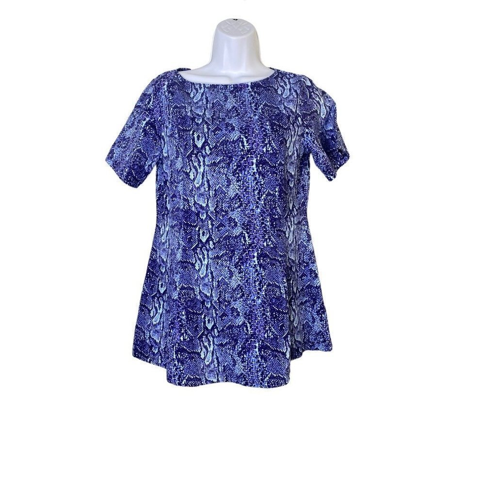 Denim & Co. Womens Blouse Blue Animal Print Snake Short Sleeve Stretch XS New